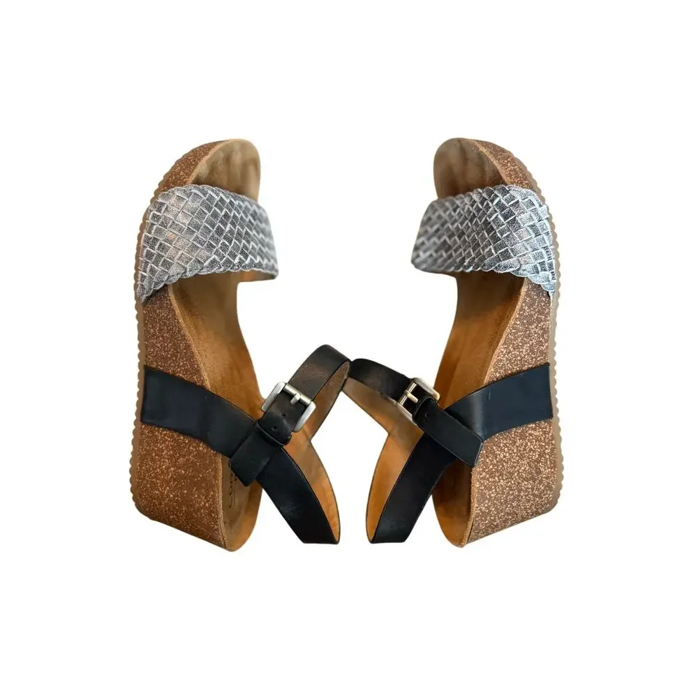 Comfortiva Eshana Wedge Sandals Gray Woven Leather Black Ankle Strap Size 7.5